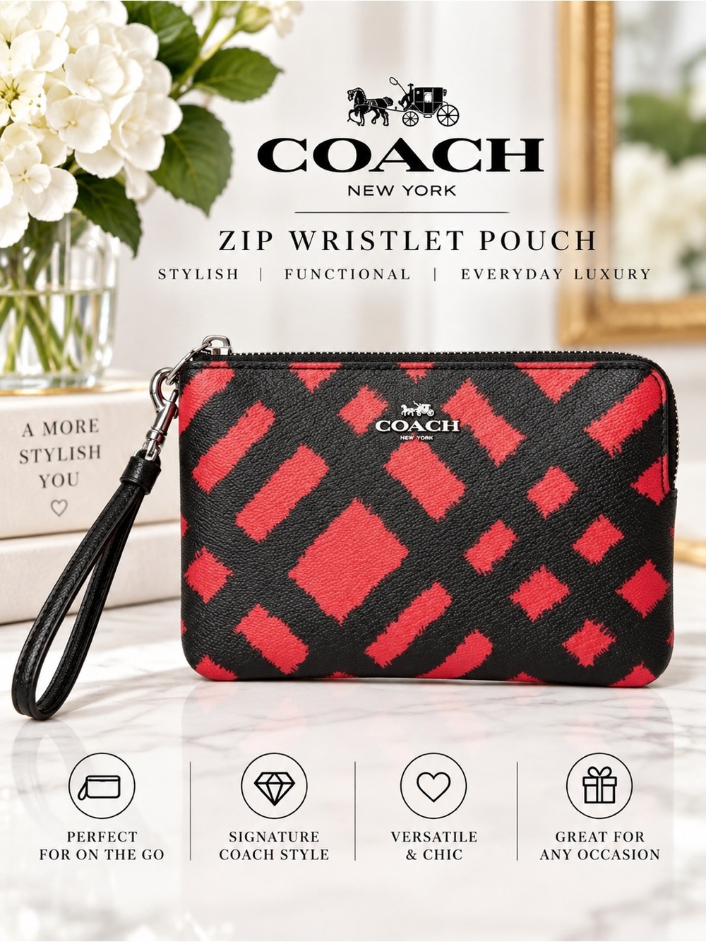 Coach Red & Black Geometric Print Zip Wristlet Wallet Pouch EUC